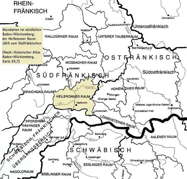 Der Heilbronner Raum als Teil der fränkischen Mundart; um 1950
(nach Historischer Atlas von Baden-Württemberg, Karte XII,7)